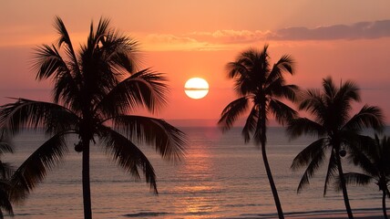 Obraz premium Tropical sunset over the ocean with silhouetted palm trees