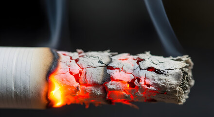 Macro close up of burning cigarette with glowing ash symbolizing addiction health risks and smoking 55161990 1