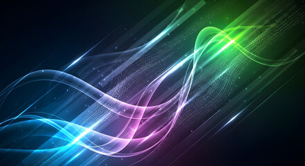 High-definition abstract tech background with fluid digital waveforms, luminous particle trails, and dynamic energy curves. Crisp edges, modern neon gradients, and soft glows create a sleek high-tech 