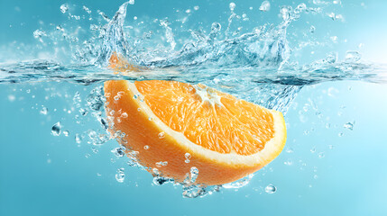 Bright and Fresh Orange Slice Sinking into Clear Water with Bubbles Creating a Refreshing and Inviting Mood for Healthy Lifestyle and Summer Vibes