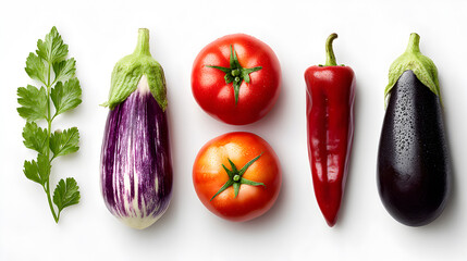 Fresh and Colorful Vegetables Displayed on a White Background, Including Eggplants, Tomatoes, Chili Peppers, and Fresh Cilantro for Healthy Cooking Inspiration