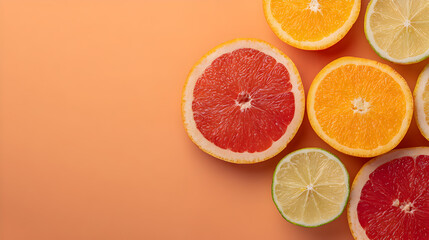 Colorful Citrus Arrangement Featuring Freshly Cut Grapefruit, Orange, and Lime Slices on a Soft Orange Background, Ideal for Healthy Food and Refreshing Drink Themes