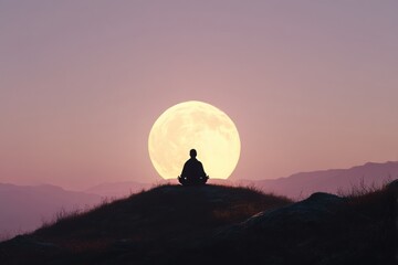 a single person meditating on a calm hill during sunset