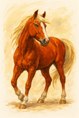 An elegant watercolor painting of a chestnut horse with a flowing blonde mane and tail.