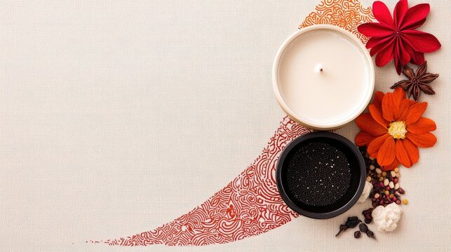 A flat lay composition featuring a lit candle, dried flowers, star anise, and various seeds and spices on a textured fabric background with a red patterned bord