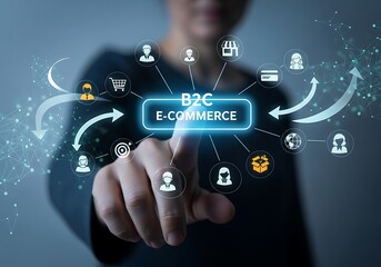Hand interacting with a holographic interface, showing b2c ecommerce at the center, surrounded by a network of digital icons symbolizing online business, consumer transactions, and global market