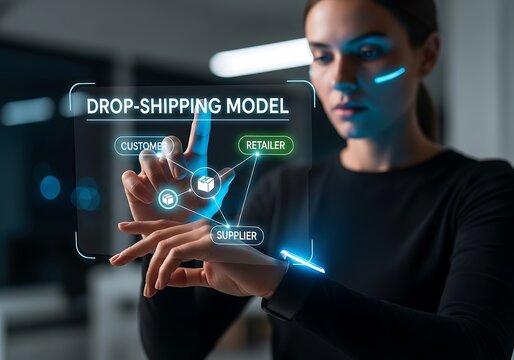 A businesswoman interacts with a futuristic holographic display, visualizing a dropshipping business model and modern ecommerce logistics, highlighting digital innovation in supply chain