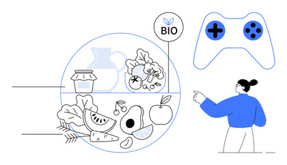 Woman pointing toward a display combining organic fruits, vegetables, and bio-food label with a gaming controller. Ideal for health, technology, lifestyle, choice, balance, innovation education