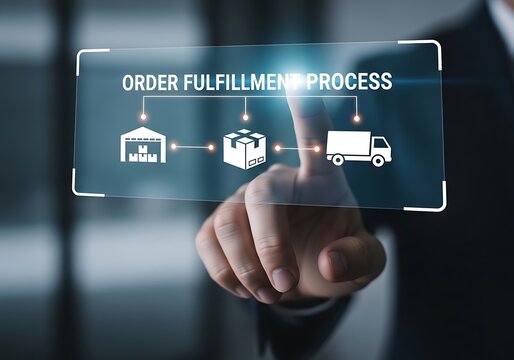 Businessman Touching Virtual Screen Displaying Order Fulfillment Process with Logistics Icons - Powered by Adobe