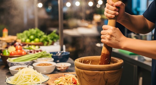 Traditional Thai Som Tum Preparation with Fresh Ingredients
