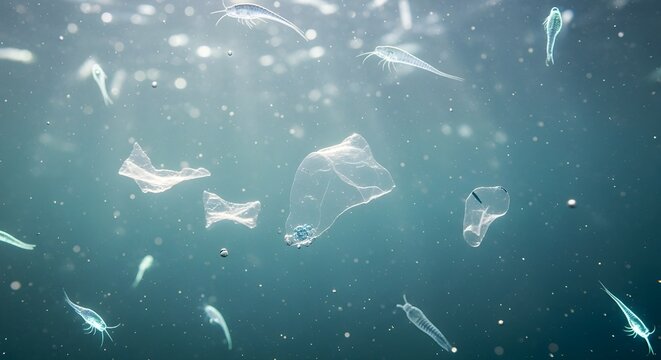 Translucent marine creatures and plastic debris float in a teal ocean environment