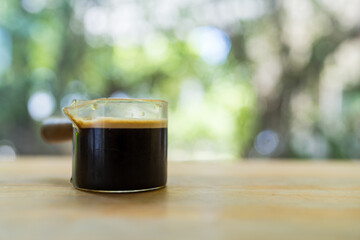 Hot coffee shot espresso roasted arabica menu tasty on wood table