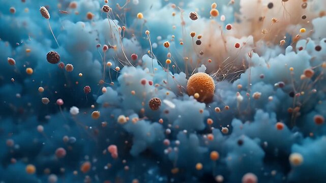 Abstract Microscopic World Animation featuring Spheres, Clouds, and Fine Filaments