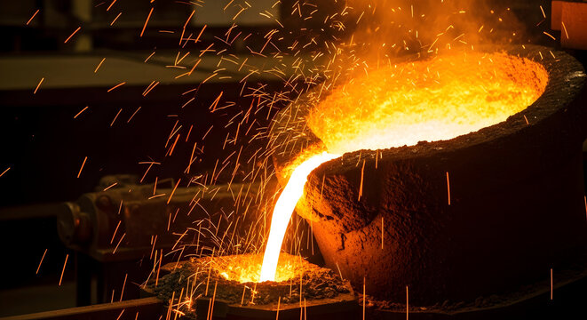 Hot molten metal flowing from foundry crucible during industrial smelting process with glowing orang 36298236 1
