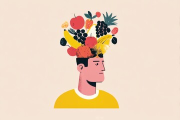 A man with assortment of fruit on his head