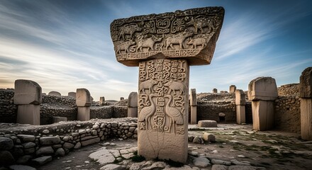 Ancient Megalithic Stone Pillars with Symbolic Animal Carvings