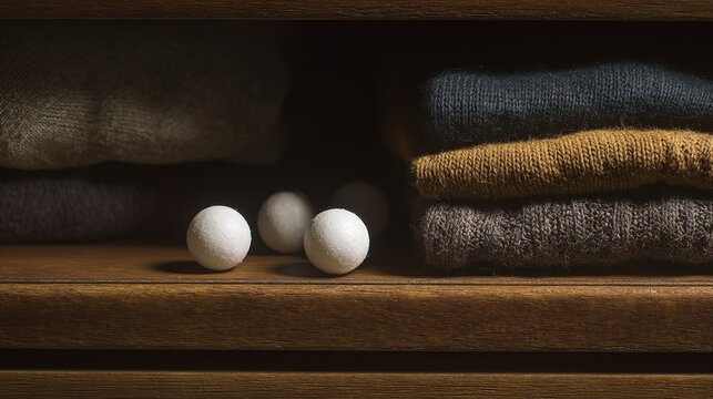 White camphor balls in antique wooden wardrobe with folded sweaters, soft natural window light
