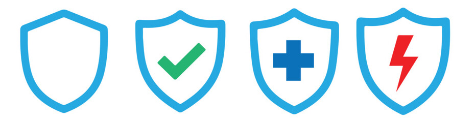 Shield icons set with different symbols inside, including a check mark, a plus sign, and a lightning bolt, all isolated on transparent background for easy use in your designs