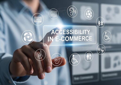 A persons hand interacts with a glowing virtual screen displaying accessibility in ecommerce, surrounded by icons representing digital inclusion, user experience, and online shopping