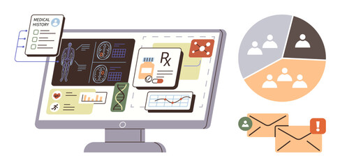 Monitor displaying patient charts, diagnoses, prescriptions, and analytics. Includes email alerts and demographics in a pie chart. Ideal for healthcare, telemedicine, data analysis, communication
