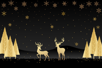 A festive Christmas scene of two reindeer silhouette standing in the center against a black gradient background, with stylized golden pine trees and snowflakes fall gently.