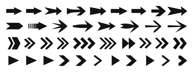Black arrows flat icons. Set for web design. Direction pointers vector icons. Big collection. Vector set of black arrow signs.
