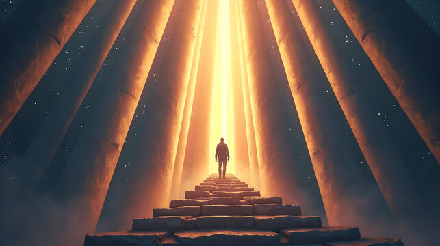 Silhouetted Figure Standing beneath Golden Light Columns
