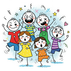 Fototapeta premium Doodle-style illustration of a happy and chaotic group of kids playing, celebrating, and expressing a variety of funny emotions together