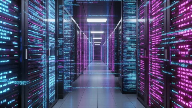 Data Center Hallway Illuminated with Binary Code and Colorful Server Racks