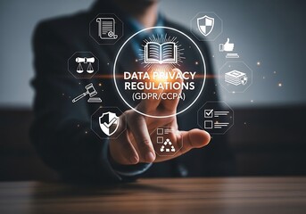 Professionals hand interacts with a glowing virtual display showing data privacy regulations gdprccpa, surrounded by icons for cybersecurity, legal compliance, and data protection