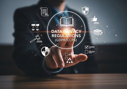 Professionals hand interacts with a glowing virtual display showing data privacy regulations gdprccpa, surrounded by icons for cybersecurity, legal compliance, and data protection