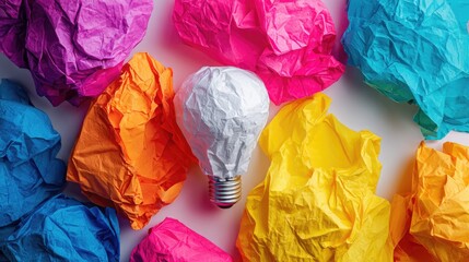 Crumpled colorful paper surrounding a white lightbulb.