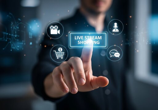 Mans hand interacting with a virtual interface displaying live stream shopping text and icons, representing modern digital commerce, online retail, and interactive consumer experience