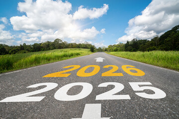 2026 New Year road trip travel and future vision concept . Nature landscape with highway road...