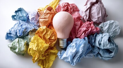 Lightbulb surrounded by crumpled colored papers.