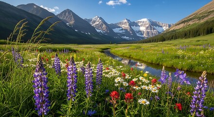 Stunning mountain valley landscape with a winding river and vibrant wildflowers in full bloom under a clear sky
