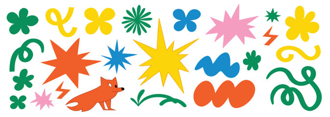 Abstract clouds and flowers shapes sticker set. Groovy funky flowers, bubbles, stars, loops and waves in trendy retro cartoon style. Illustration with wavy elements
