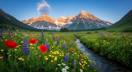 A serene alpine meadow bursts with vibrant wildflowers and a gently flowing stream, leading towards majestic snow-capped mountains bathed in golden sunlight