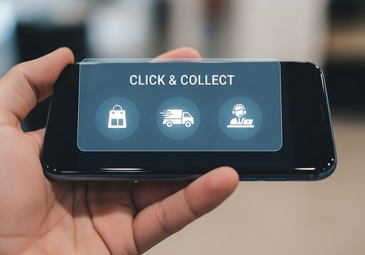Hand holding a smartphone displaying a click collect interface with shopping, delivery, and pickup icons, illustrating modern retail convenience for online ordering and instore collection