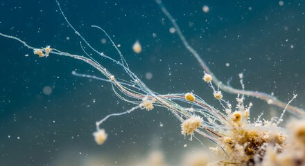 Underwater view of delicate filamentous organisms with small yellow spherical structures attached to the strands