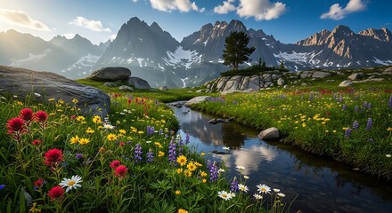 Scenic mountain landscape with a flowing stream and vibrant wildflowers under a clear blue sky with soft sunlight