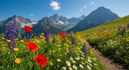 Vibrant alpine meadow bursting with colorful wildflowers and poppies under majestic mountain peaks on a clear sunny day