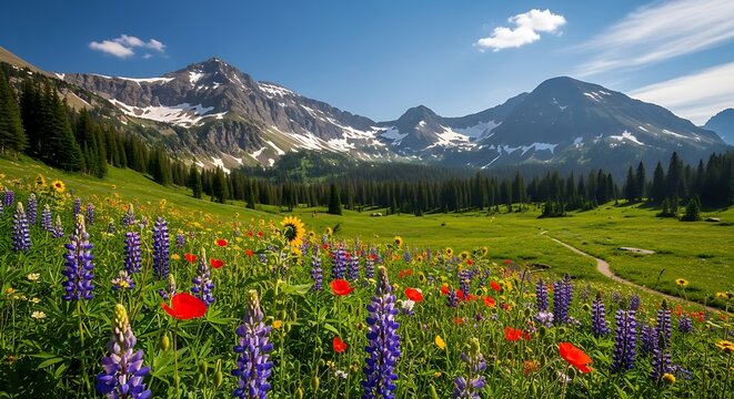 Vibrant mountain meadow bursting with colorful wildflowers under a clear blue sky with majestic snow-capped peaks in the background