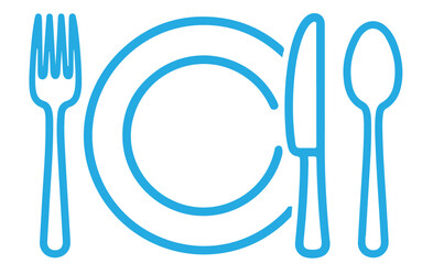 Illustration of a blue plate setting with fork, knife, and spoon, symbolizing dining, cuisine, and culinary arts isolated on transparent background