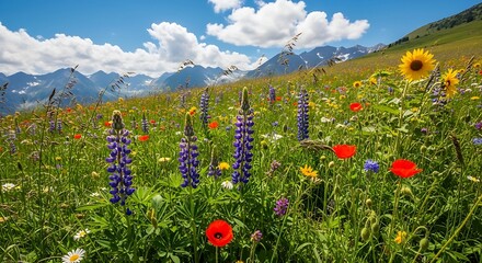 Vibrant Wildflower Meadow in the Mountains with a Blue Sky and Fluffy Clouds, a Serene Natural Landscape