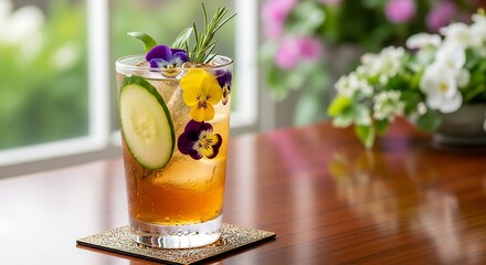 A handcrafted botanical cocktail adorned with vibrant edible pansies, fresh cucumber, and aromatic rosemary by a sunny window