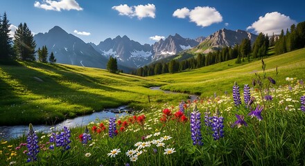 Breathtaking alpine meadow landscape with a winding stream, vibrant wildflowers, and majestic snow-capped mountains under a clear blue sky with scattered clouds