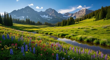 Serene Mountain Landscape with Wildflowers and a Winding Stream Under a Clear Blue Sky