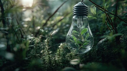 A small plant grows inside a lightbulb, nestled within a lush forest.