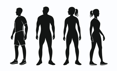 Fit man and woman silhouettes set. Vector flat illustrations of sporty male and female figures.
